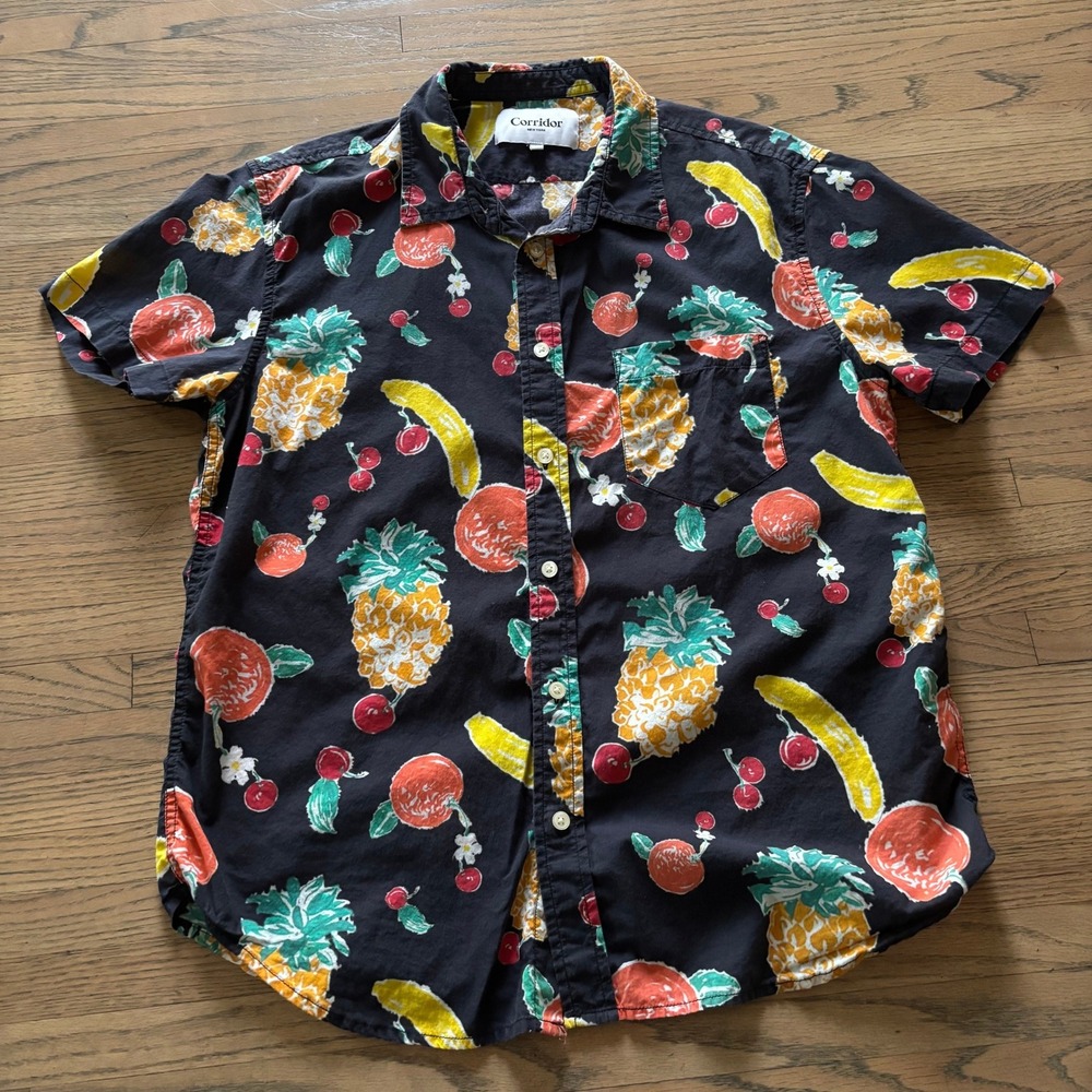 Corridor New York Mens Fruit Print Short Sleeve Button Down Shirt Black Large